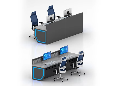 Modern Office Desk With Gray Surface Blue Accents Computer Monitors And Ergonomic Chairs 3d model