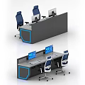 Modern Office Desk With Gray Surface Blue Accents Computer Monitors And Ergonomic Chairs