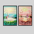 Two Landscape Paintings Featuring Figures in Pink Purple Clothing Grass Flowers Sea and Sunset