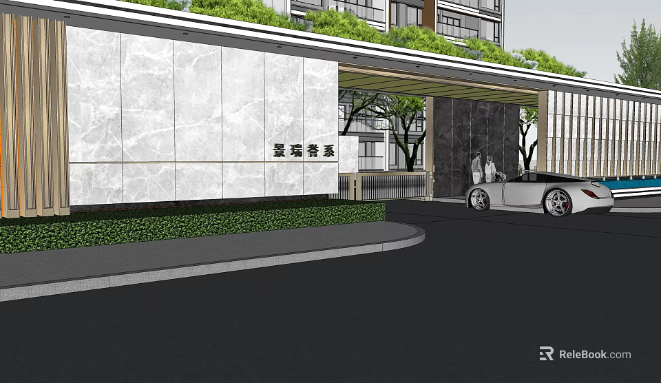 Modern Residential Entrance Gate with Marble Wall Greenery and Landscaped Trees 3d model 