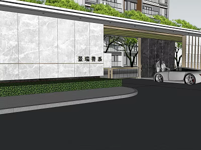 Modern Residential Entrance Gate with Marble Wall Greenery and Landscaped Trees 3d model