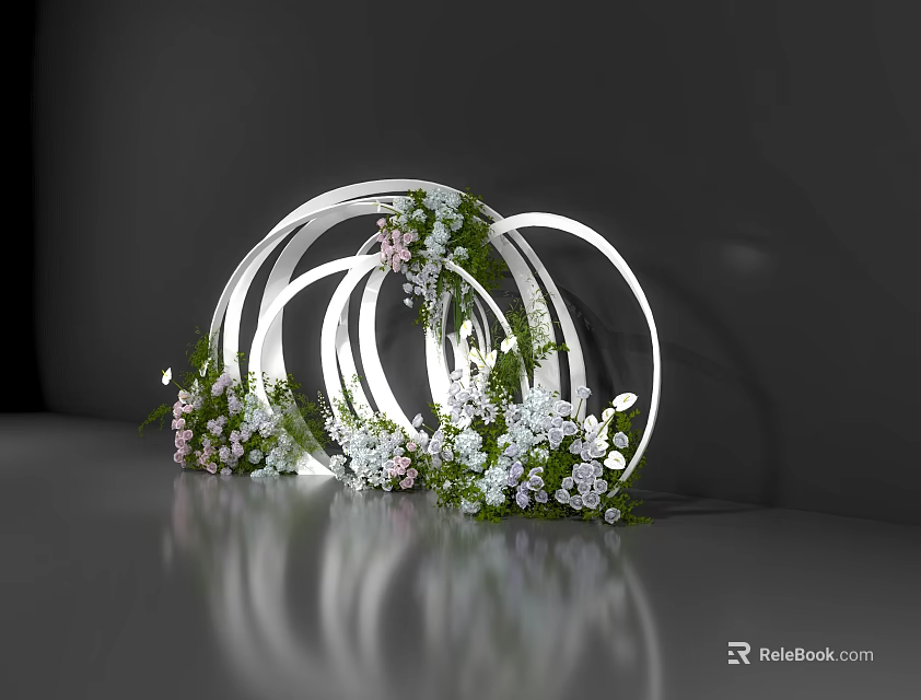 Artistic Floral Installation with Intertwined White Circular Frames White Pink Flowers and Green Foliage 3d model 