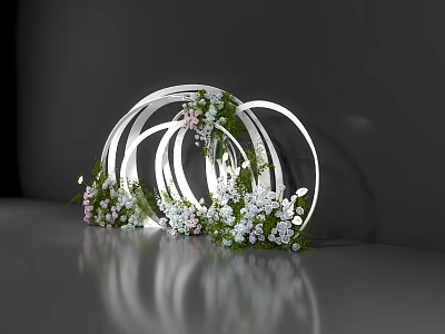 Artistic Floral Installation with Intertwined White Circular Frames White Pink Flowers and Green Foliage 3d model