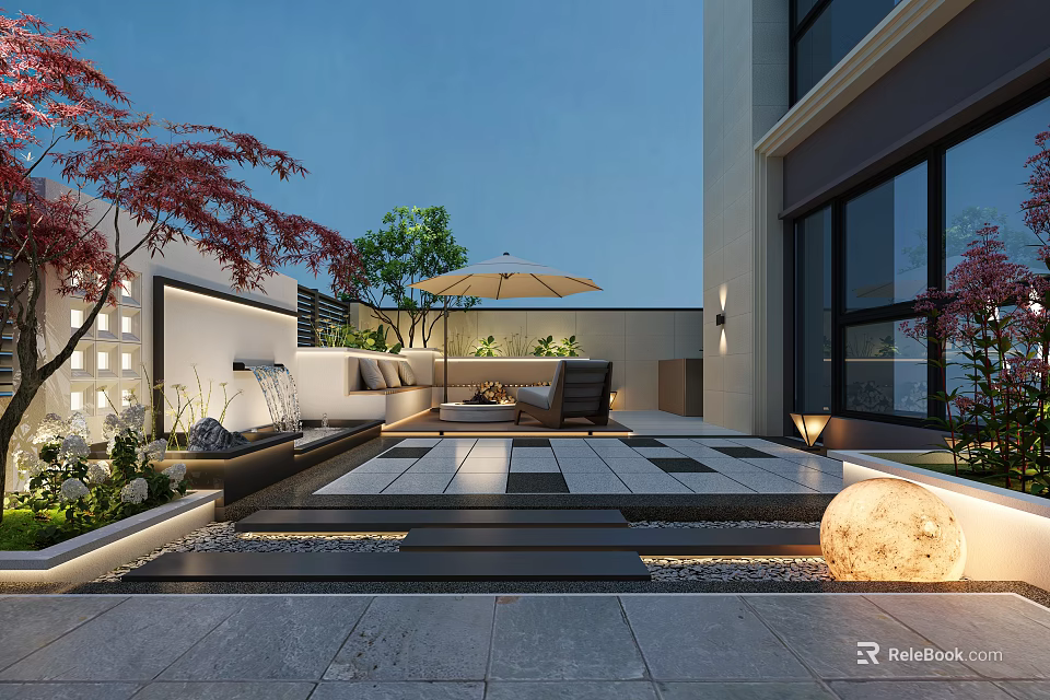 Modern Outdoor Garden With Paved Seating Area Umbrella Red Maple Tree And Green Plants 3d model 