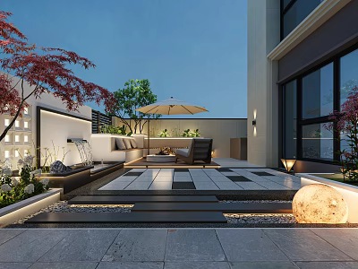 Modern Outdoor Garden With Paved Seating Area Umbrella Red Maple Tree And Green Plants 3d model