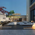 Modern Outdoor Garden With Paved Seating Area Umbrella Red Maple Tree And Green Plants