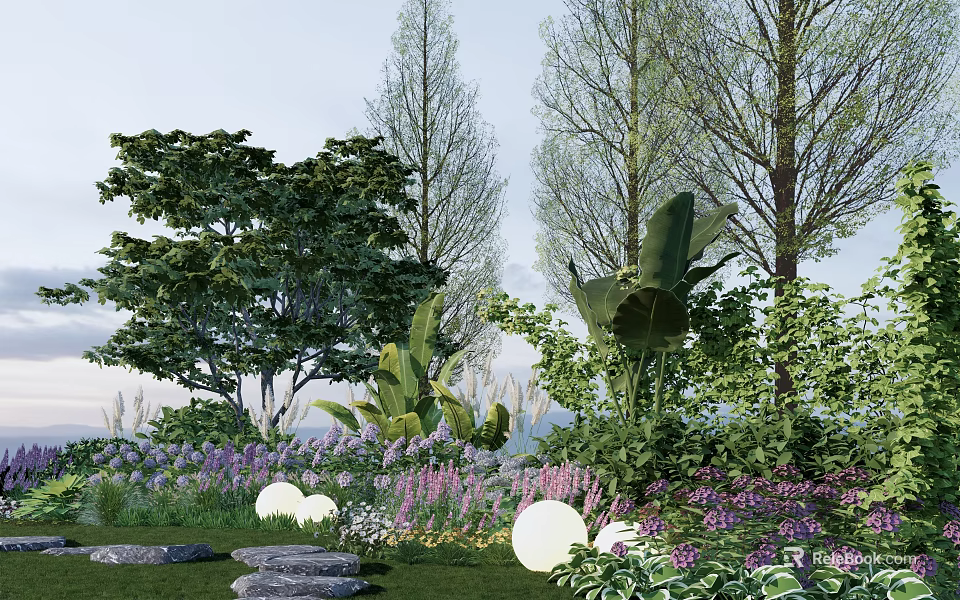 Beautiful Garden With Colorful Flowers Lush Plants Trees And Decorative Lights 3d model 