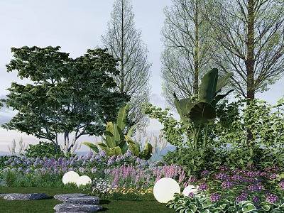 Beautiful Garden With Colorful Flowers Lush Plants Trees And Decorative Lights 3d model
