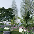 Beautiful Garden With Colorful Flowers Lush Plants Trees And Decorative Lights
