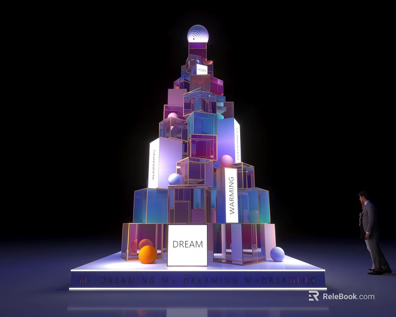 Colorful Tower Like Structure With Stacked Cubes Top Sphere DREAM Lettering And Person Standing Beside 3d model 