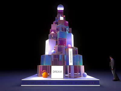 Colorful Tower Like Structure With Stacked Cubes Top Sphere DREAM Lettering And Person Standing Beside 3d model