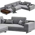 Modern Grey Sectional Sofa With Soft Pillows Throw Blanket And Wooden Armrest 3d model