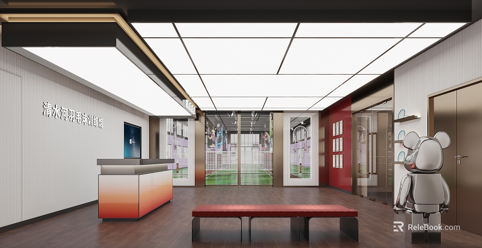 Modern Public Space With Gradient Front Desk Red Bench And Glass Windows 3d model 