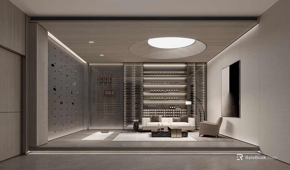 Modern Recreation Room With Sofa Wine Rack And Decorative Wall 3d model