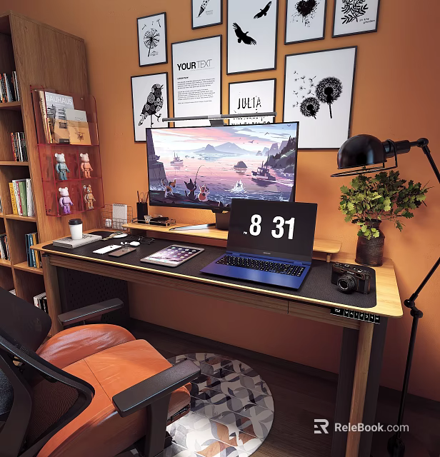 Wooden Desk With Computer Monitor Scenic View Digital Clock Black Lamp Potted Plant Keyboard Camera 3d model 