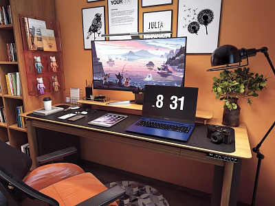 Wooden Desk With Computer Monitor Scenic View Digital Clock Black Lamp Potted Plant Keyboard Camera 3d model
