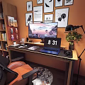 Wooden Desk With Computer Monitor Scenic View Digital Clock Black Lamp Potted Plant Keyboard Camera