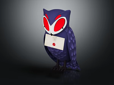 Cute Purple Owl with Red Eyes Holding White Envelope with Red Seal 3d model