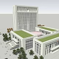 Modern White Office Building With Multi story Structure Large Windows Surrounding Trees and Entrance Area