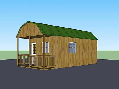 Wooden Cabin Exterior Design With Green Roof Porch And Windows 3d model