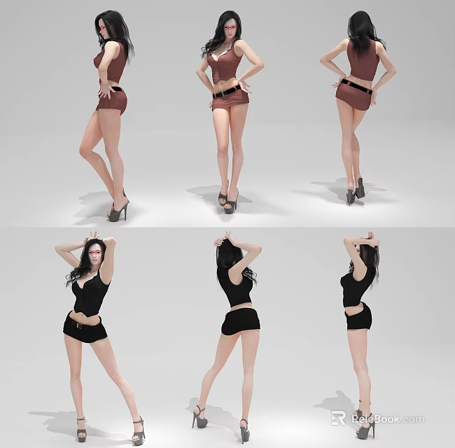 Woman In Brown And Black Outfits With Different Poses And High Heels 3d model 