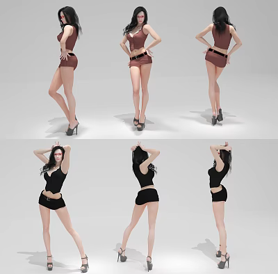 Woman In Brown And Black Outfits With Different Poses And High Heels 3d model