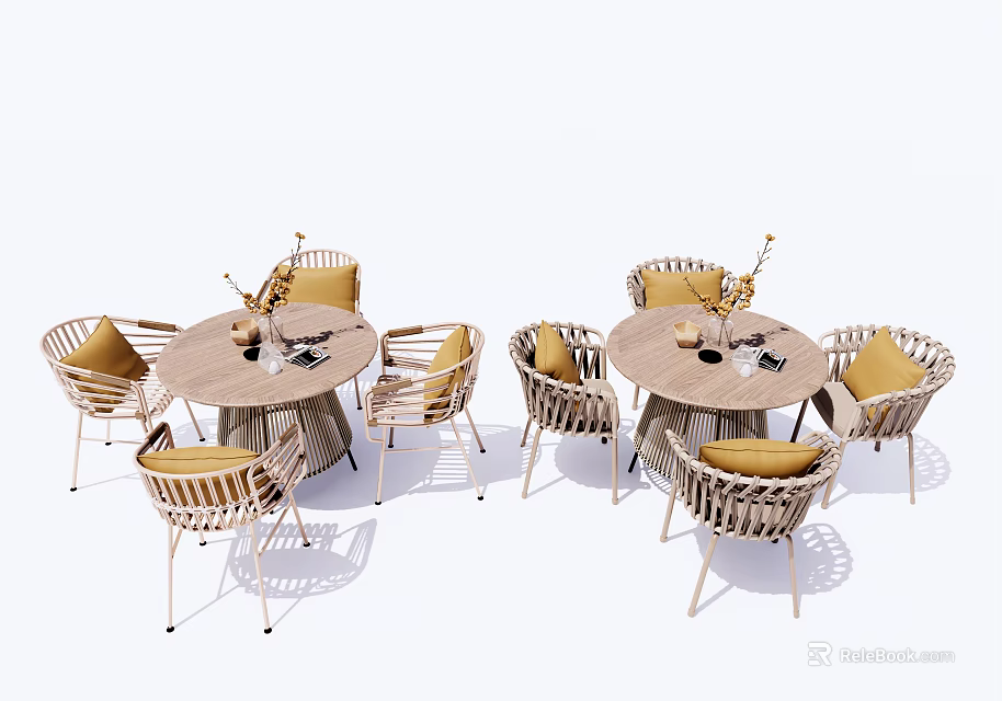 Round Rattan Table and Chair Set with Yellow Cushions for Modern Casual Outdoor Use 3d model 