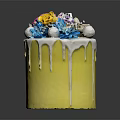 Yellow Cake With Dripping White Frosting Topped With Pink Roses Yellow And Blue Flowers