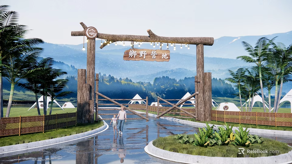 Wooden Scenic Wall Featuring Camping Tents Mountain View And Greenery Path With People 3d model 