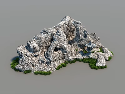Natural Garden Ornament With Rock Formation Green Grass And Mini Pavilion 3d model