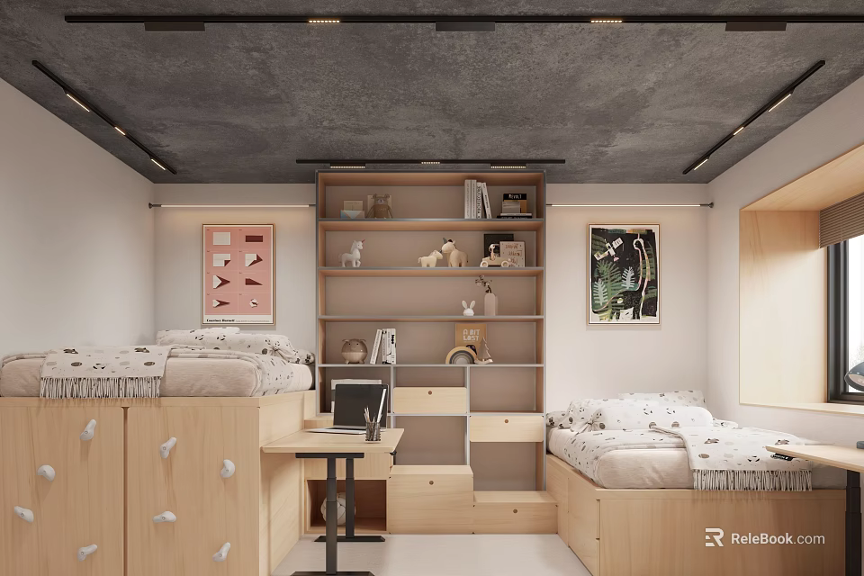 Cozy Kids Room With Bunk Beds Wooden Furniture Bookshelf Desk Gray Ceiling And Decorative Paintings 3d model 