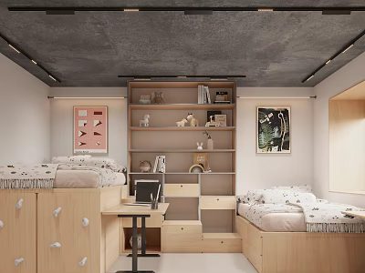 Cozy Kids Room With Bunk Beds Wooden Furniture Bookshelf Desk Gray Ceiling And Decorative Paintings 3d model