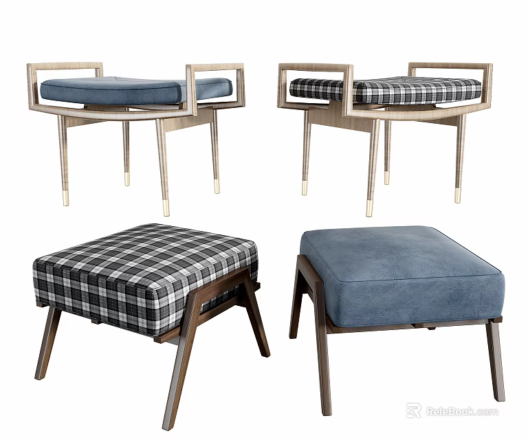 Various Style Wooden Frame Stools With Blue And Plaid Fabric Cushions 3d model 