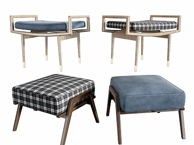 Various Style Wooden Frame Stools With Blue And Plaid Fabric Cushions 3d model