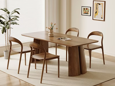 Modern Wooden Dining Table Set with Four Chairs Potted Plant and Wall Art 3d model