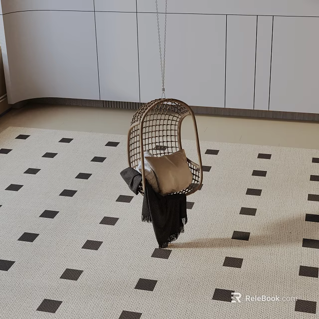 Stylish Hanging Rattan Lounge Chair With Beige Cushion And Blanket On Checkerboard Floor 3d model 
