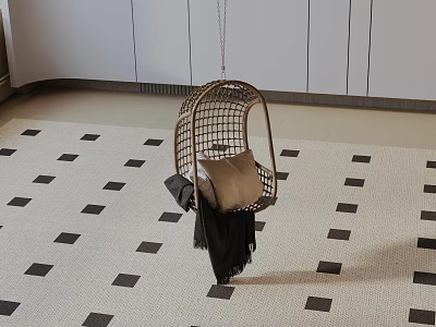 Stylish Hanging Rattan Lounge Chair With Beige Cushion And Blanket On Checkerboard Floor 3d model