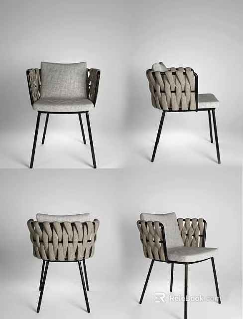 Stylish Modern Dining Chairs with Woven Backrest Padded Seat and Metal Legs 3d model 