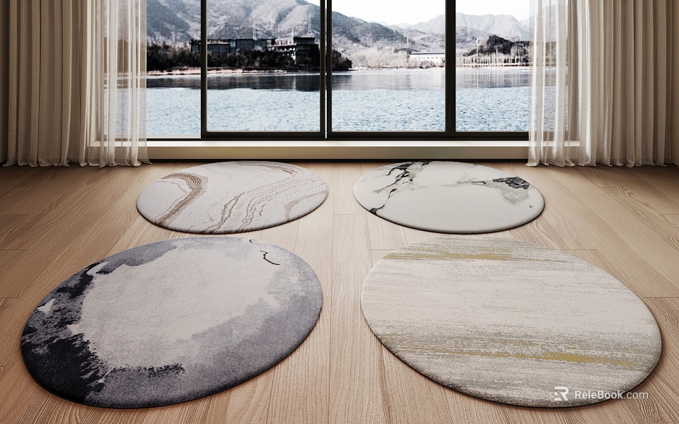 Modern Round Rugs With Ink Painting Design For Living Room Interior Decor 3d model 