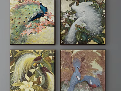 Vibrant Animal Paintings Featuring Peacock Egret And Colorful Birds With Floral Leaves 3d model