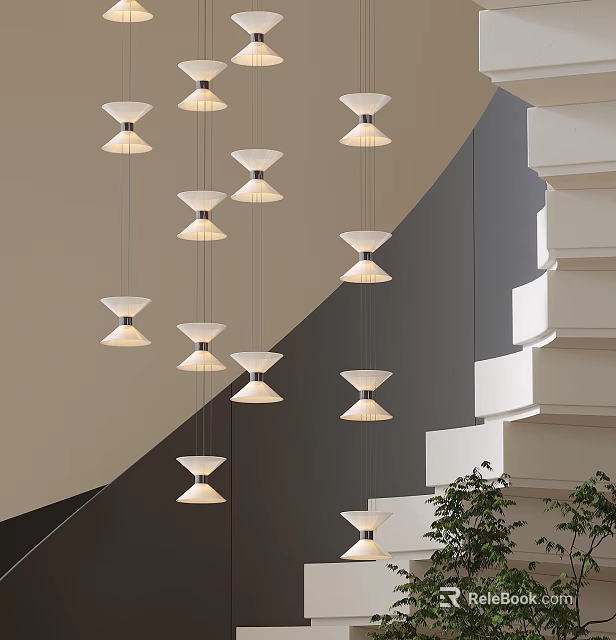 Modern Multiple Pendant Lights Hanging In Staircase With Geometric Wall And Green Plant 3d model 
