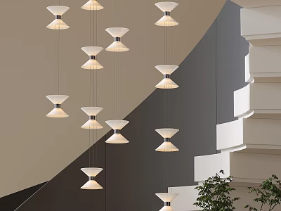 Modern Multiple Pendant Lights Hanging In Staircase With Geometric Wall And Green Plant 3d model