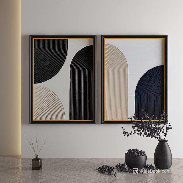 Two Modern Wall Art Pieces With Geometric Patterns And Black Gold Frames 3d model