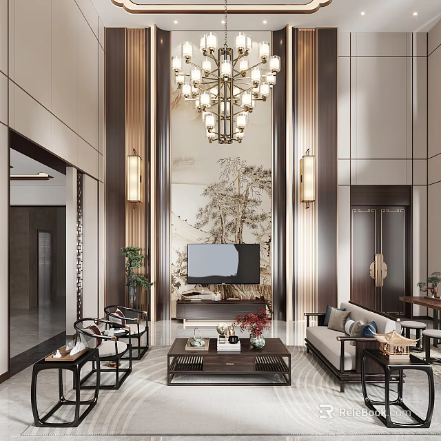 Duplex Living Room Interior Design With Chandelier TV Wall Sofa Coffee Table And Decorative Painting 3d model 