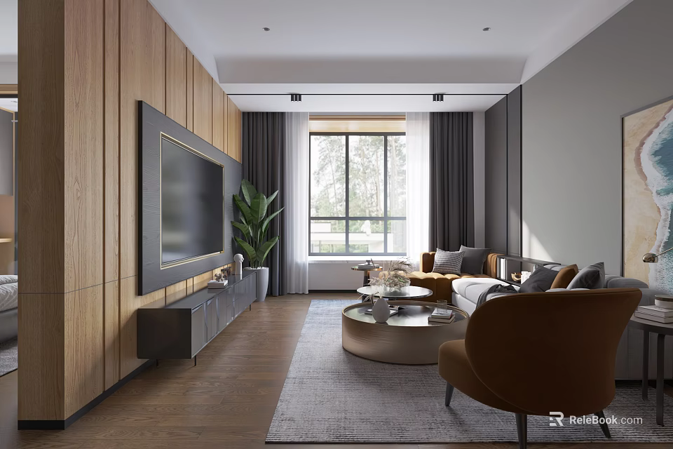 Modern Hotel Guest Room Interior With Wooden Walls Large Screen TV Green Plant And Sofa 3d model 