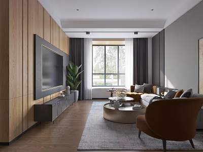 Modern Hotel Guest Room Interior With Wooden Walls Large Screen TV Green Plant And Sofa 3d model