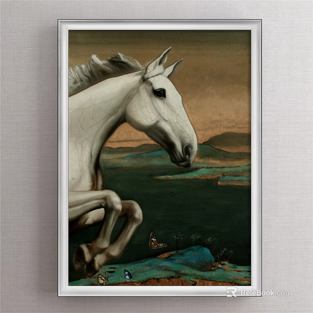 Leaping White Horse Animal Painting With Scenic Mountain Water Landscape Background 3d model 