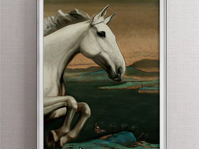 Leaping White Horse Animal Painting With Scenic Mountain Water Landscape Background 3d model
