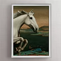 Leaping White Horse Animal Painting With Scenic Mountain Water Landscape Background