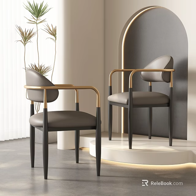Modern Dining Chairs with Gold Metal Frame and Gray Leather Seat in Contemporary Interior 3d model 
